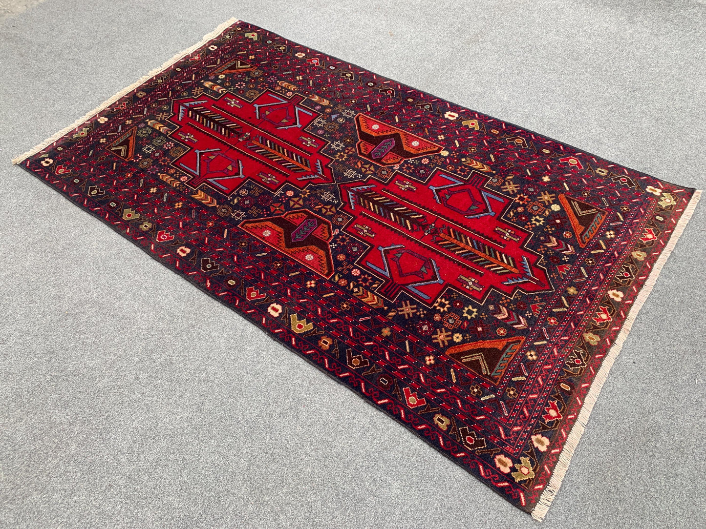 Vintage Baluchi Rug 4x6 ft Hand Knotted Wool Rug. Geometric Area Rug, Afghan Tribal Rug, One of a kind Herati Rug, Living Room Bedroom Rug.