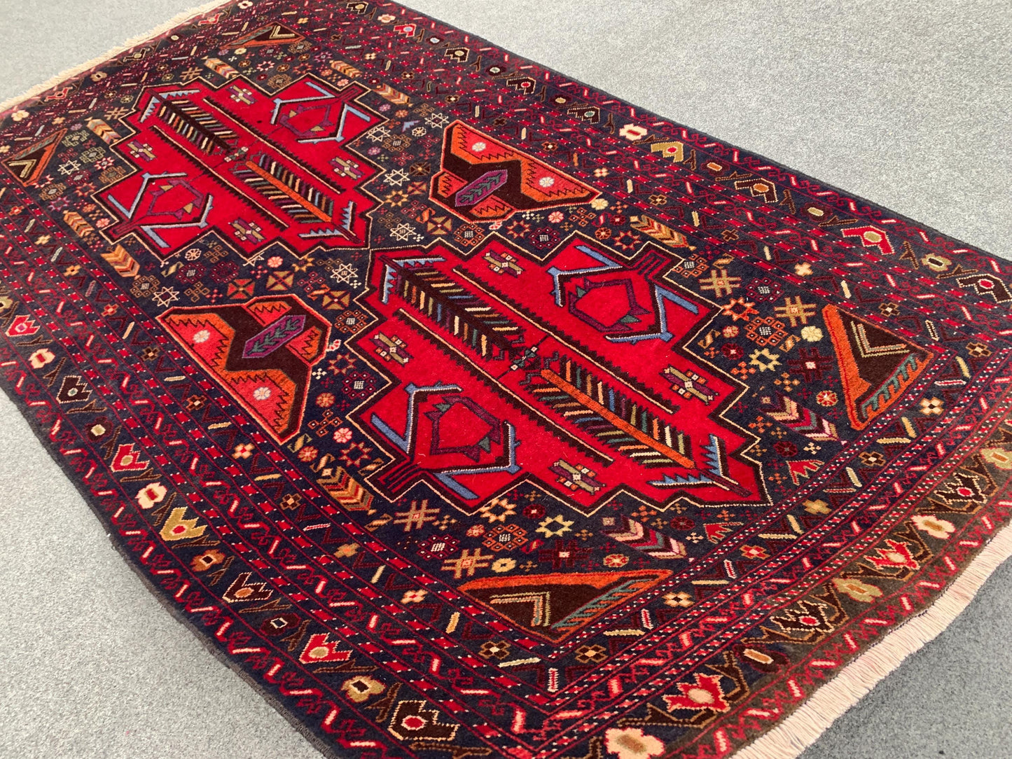 Vintage Baluchi Rug 4x6 ft Hand Knotted Wool Rug. Geometric Area Rug, Afghan Tribal Rug, One of a kind Herati Rug, Living Room Bedroom Rug.
