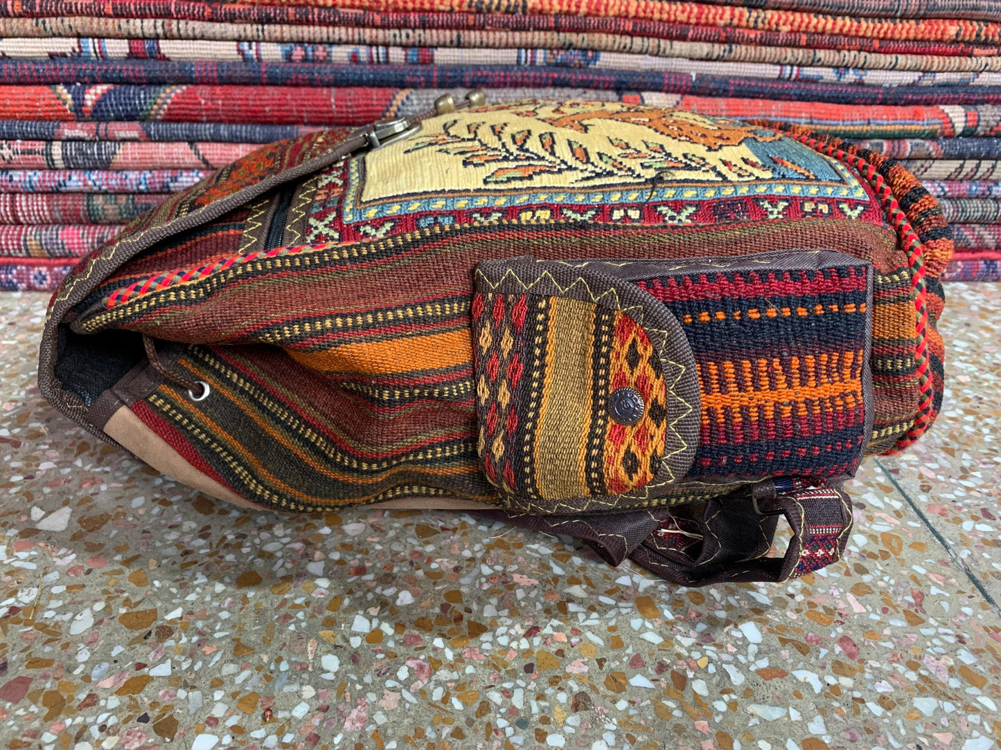 Vintage Pictorial Animal Backpack, Afghan Hand Knotted Backpack Rug, Knapsack Backpack Rug 0.8 x 1.4 ft Bag Pack, Travel Backpack Kilim Rug.