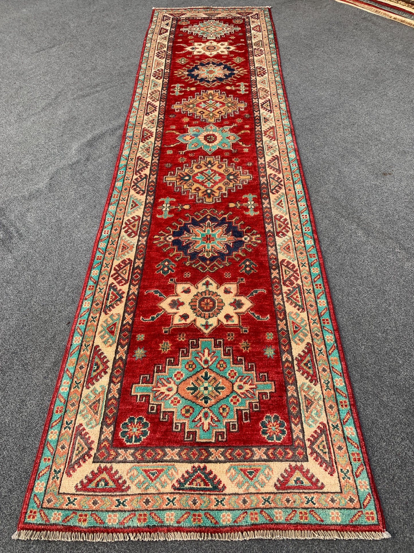 Afghan Kazak Runner Rug, Hand Knotted Wool Rug, Red Kazak Geometric Area Rug, Home Decor Rug, Bedroom Runner Rug, Hallway Runner Rug 3x10 ft