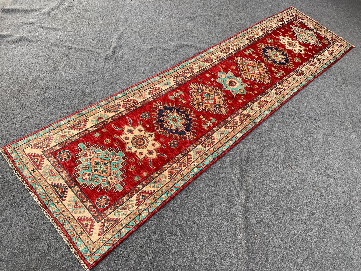 Afghan Kazak Runner Rug, Hand Knotted Wool Rug, Red Kazak Geometric Area Rug, Home Decor Rug, Bedroom Runner Rug, Hallway Runner Rug 3x10 ft