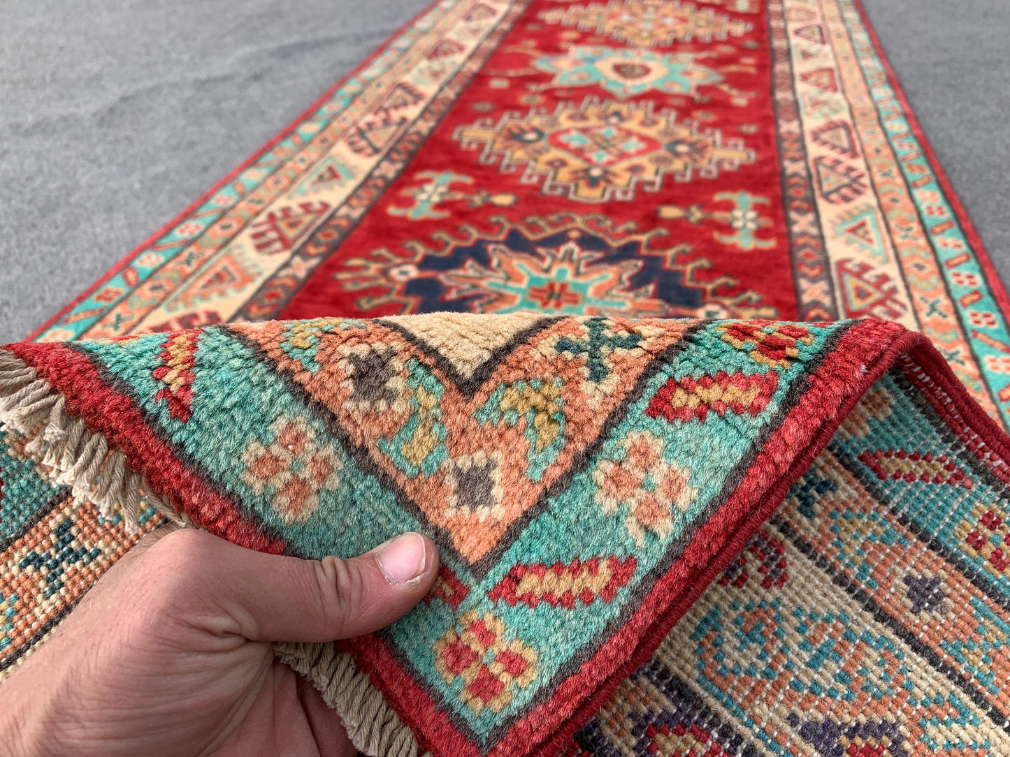 Afghan Kazak Runner Rug, Hand Knotted Wool Rug, Red Kazak Geometric Area Rug, Home Decor Rug, Bedroom Runner Rug, Hallway Runner Rug 3x10 ft