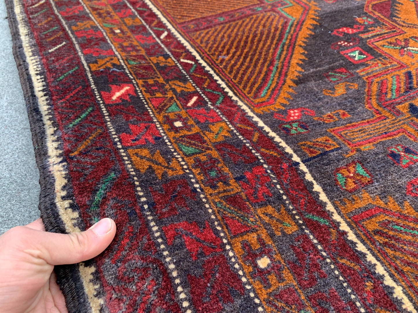 Vintage Geometric Rug, Famous Herati Baluchi Rug Afghan Hand Knotted Wool Rug, Black Dark Gold Rug Oriental Rug, Living Room Bedroom Rug 4x6