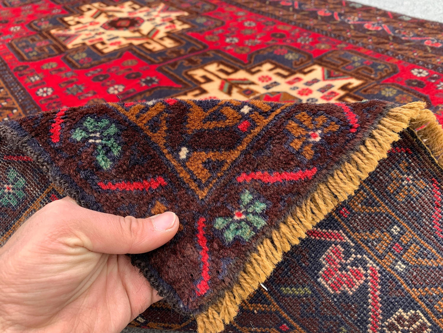 Vintage Herati Baluchi Rug, Handmade Wool Rug, Geometric Area Rug, Red Navy Blue Afghan Rug. Home Decor Rug, Living Room Bedroom Rug 4x6 ft