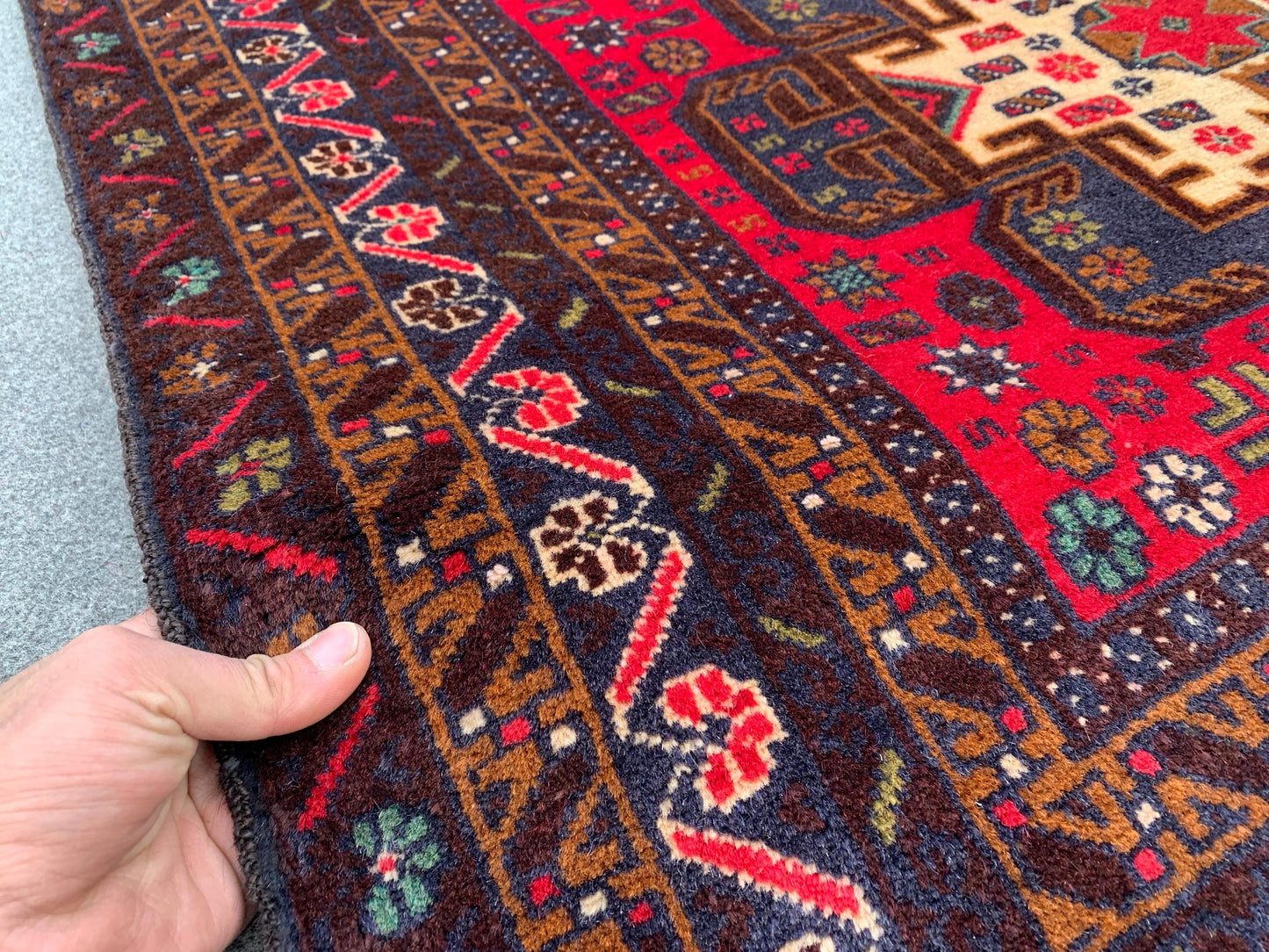 Vintage Herati Baluchi Rug, Handmade Wool Rug, Geometric Area Rug, Red Navy Blue Afghan Rug. Home Decor Rug, Living Room Bedroom Rug 4x6 ft