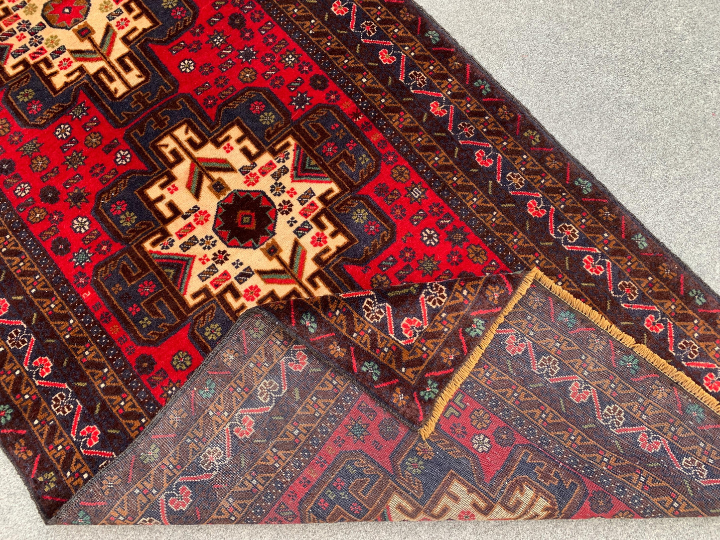 Vintage Herati Baluchi Rug, Handmade Wool Rug, Geometric Area Rug, Red Navy Blue Afghan Rug. Home Decor Rug, Living Room Bedroom Rug 4x6 ft