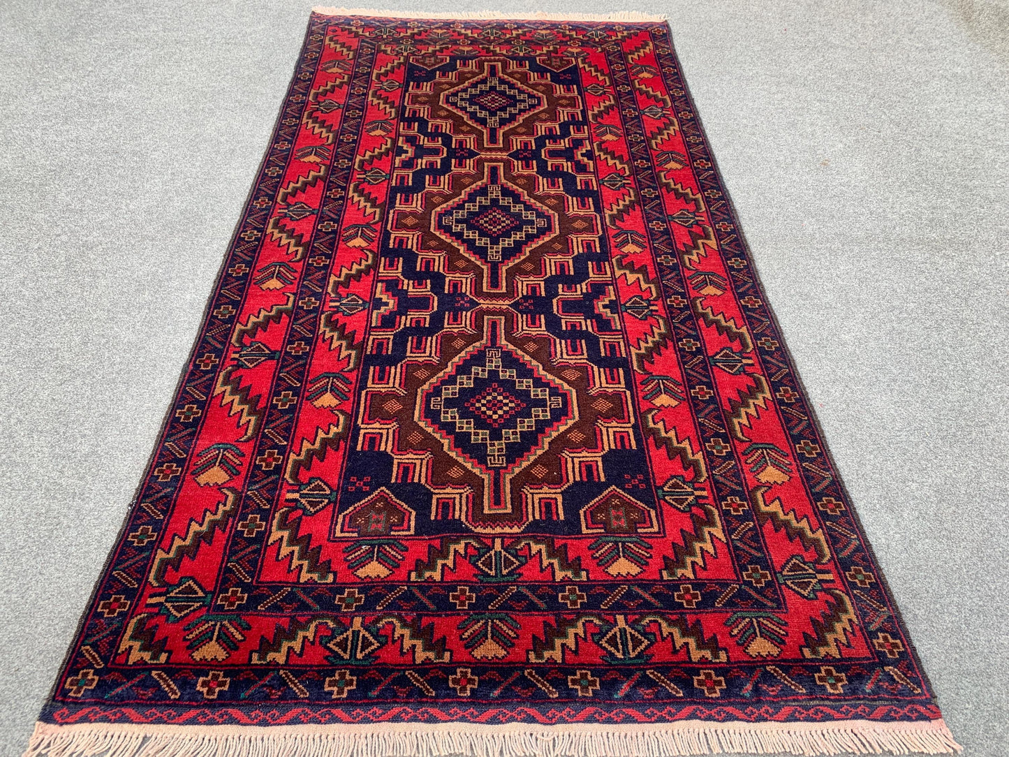 Famous Herati Baluchi Rug, Handmade Wool Rug, Vintage Afghan Rug Geometric Area Rug, Red Navy Blue Brown Rug. Living Room Bedroom Rug 4x6 ft