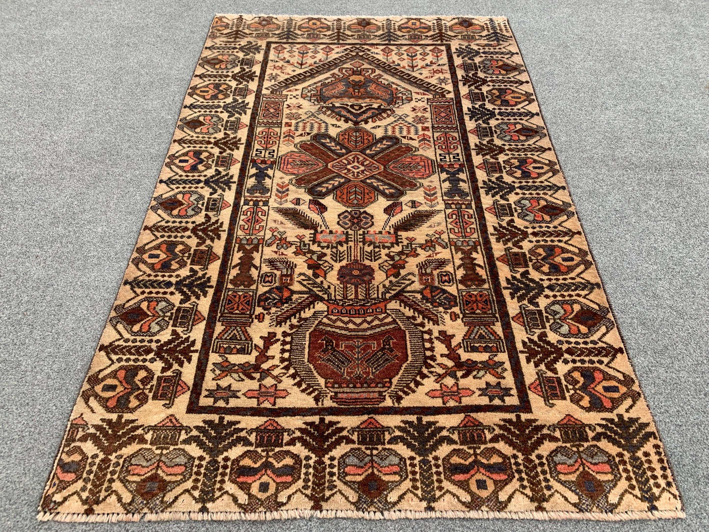 One of a kind Vintage Rug 3x4 ft Afghan Florals Rug, Turkmen Hand Knotted Wool Rug, Tribal Baluchi Rug, Antique Floral Rug Living Room Rug.