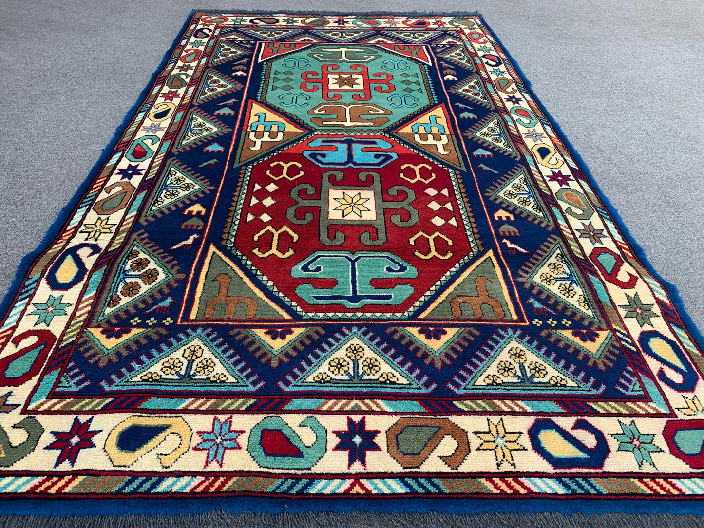 Afghan Geometric Peshawari Kazak Rug, Hand Knotted Wool Rug, Turkmen Tribal Rug, Oriental Rug Home Decor Rug, Bedroom Living Room Rug 4x7 ft