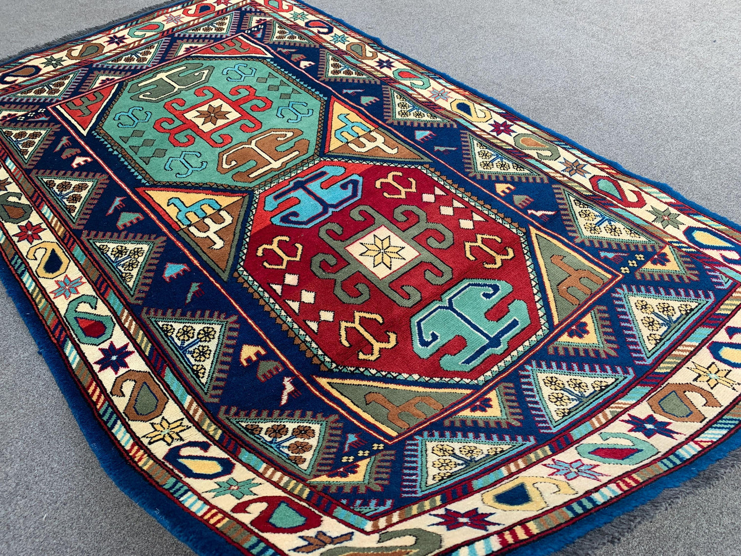 Afghan Geometric Peshawari Kazak Rug, Hand Knotted Wool Rug, Turkmen Tribal Rug, Oriental Rug Home Decor Rug, Bedroom Living Room Rug 4x7 ft