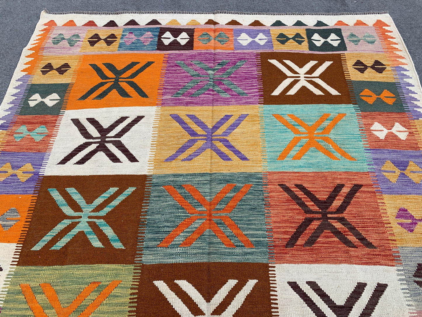Afghan Maimana Soumak Kilim Rug 7x10 Hand Knotted Soumak Rug, Checkered design Rug, Home Decoration Rug Colorful Soumak Rug Living Room Rug.