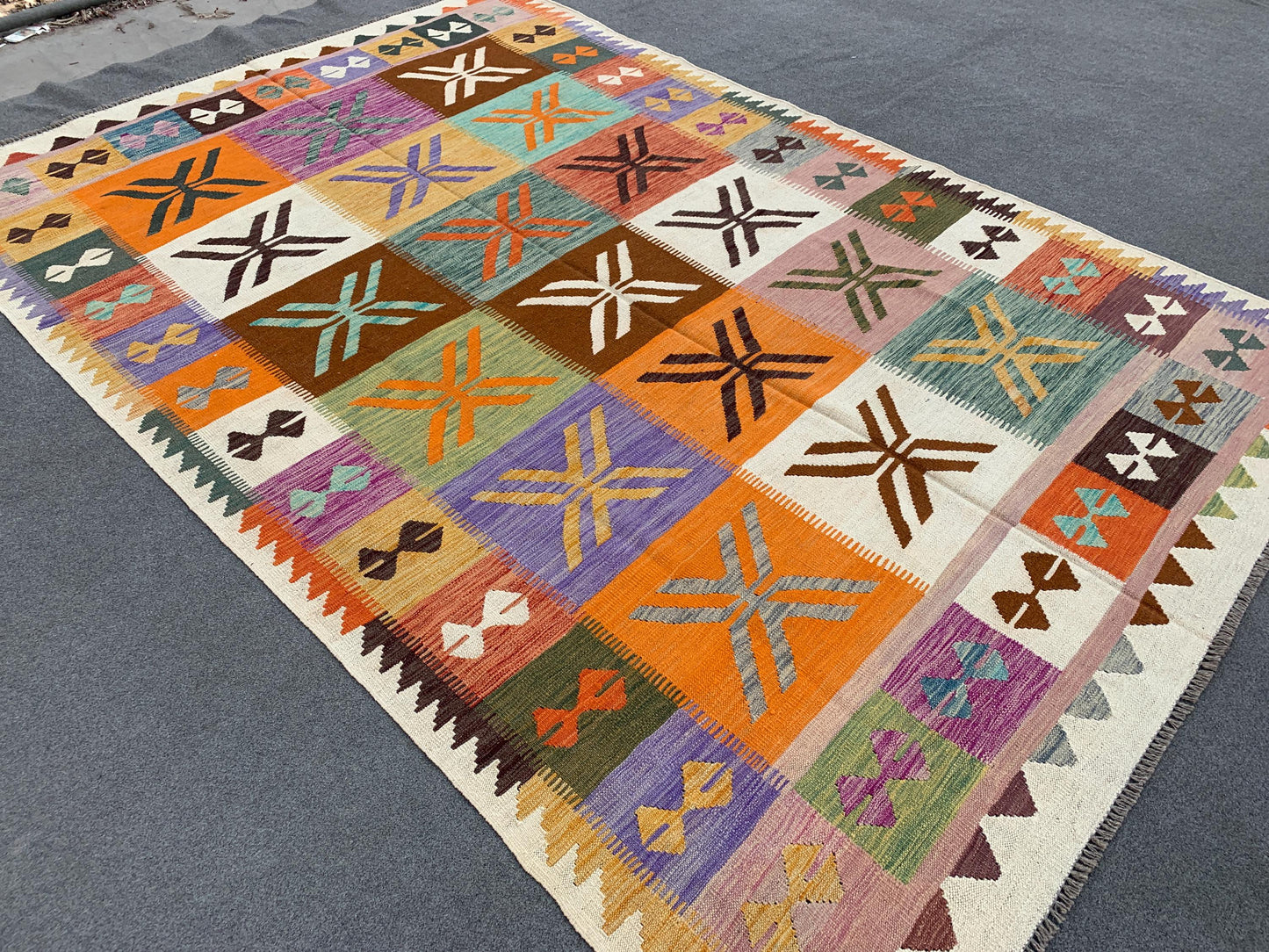 Afghan Maimana Soumak Kilim Rug 7x10 Hand Knotted Soumak Rug, Checkered design Rug, Home Decoration Rug Colorful Soumak Rug Living Room Rug.