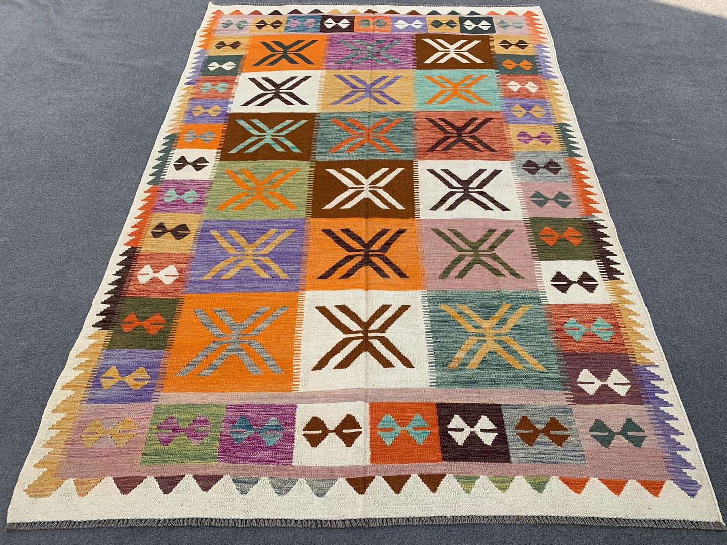Afghan Maimana Soumak Kilim Rug 7x10 Hand Knotted Soumak Rug, Checkered design Rug, Home Decoration Rug Colorful Soumak Rug Living Room Rug.