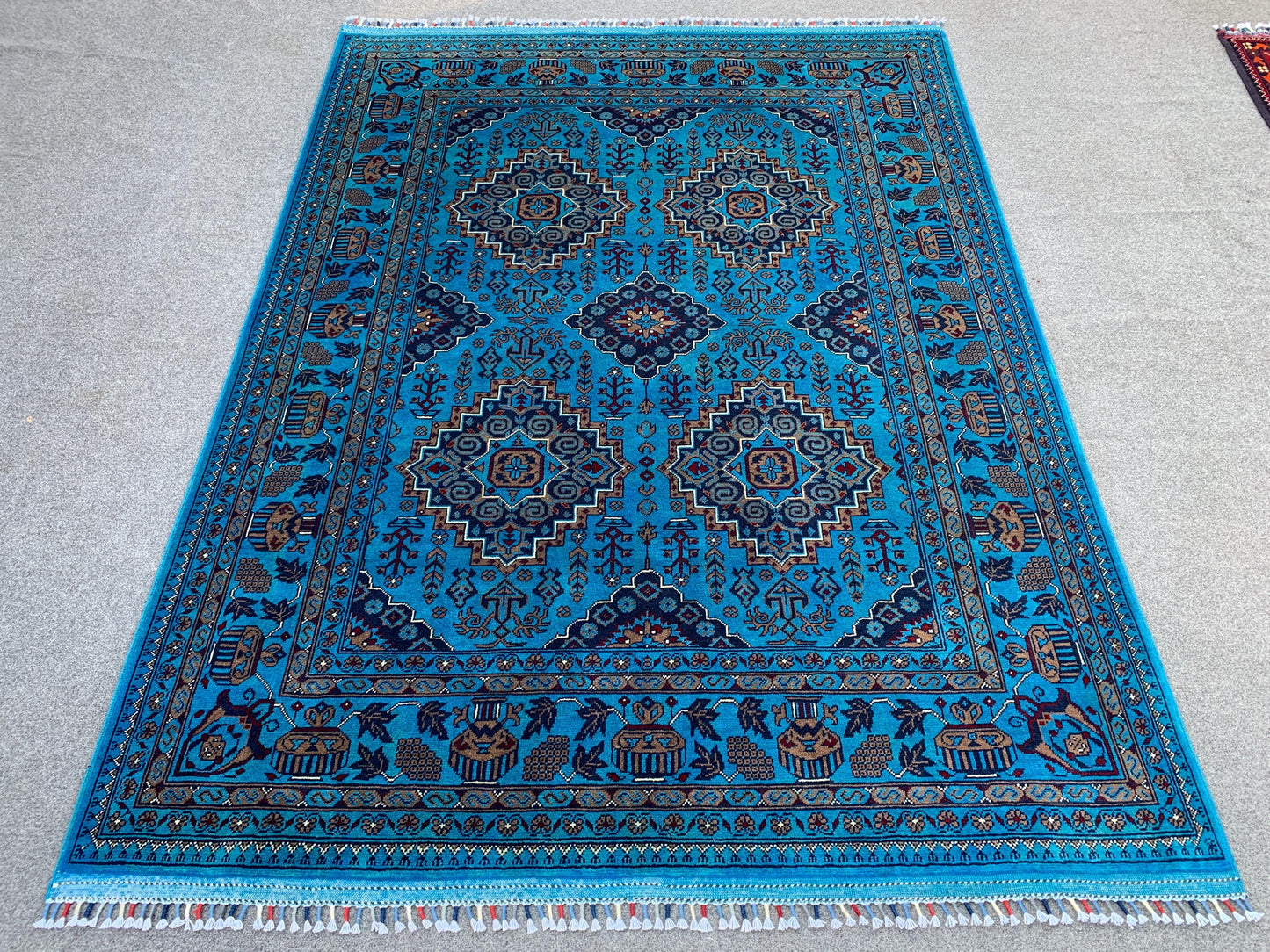 5x7 Ft Ocean Blue Afghan Rug, Natural Hand Knotted Rug, New Bukhara design Rug, Oriental Wool Rug, Fine Quality Rug, Bedroom Living Room Rug