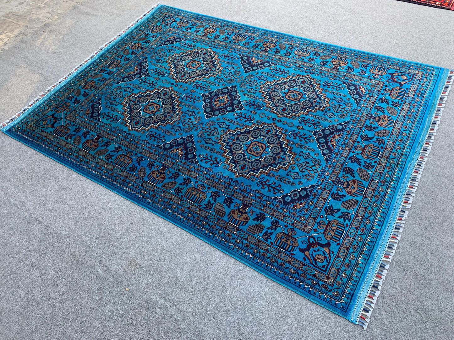 5x7 Ft Ocean Blue Afghan Rug, Natural Hand Knotted Rug, New Bukhara design Rug, Oriental Wool Rug, Fine Quality Rug, Bedroom Living Room Rug