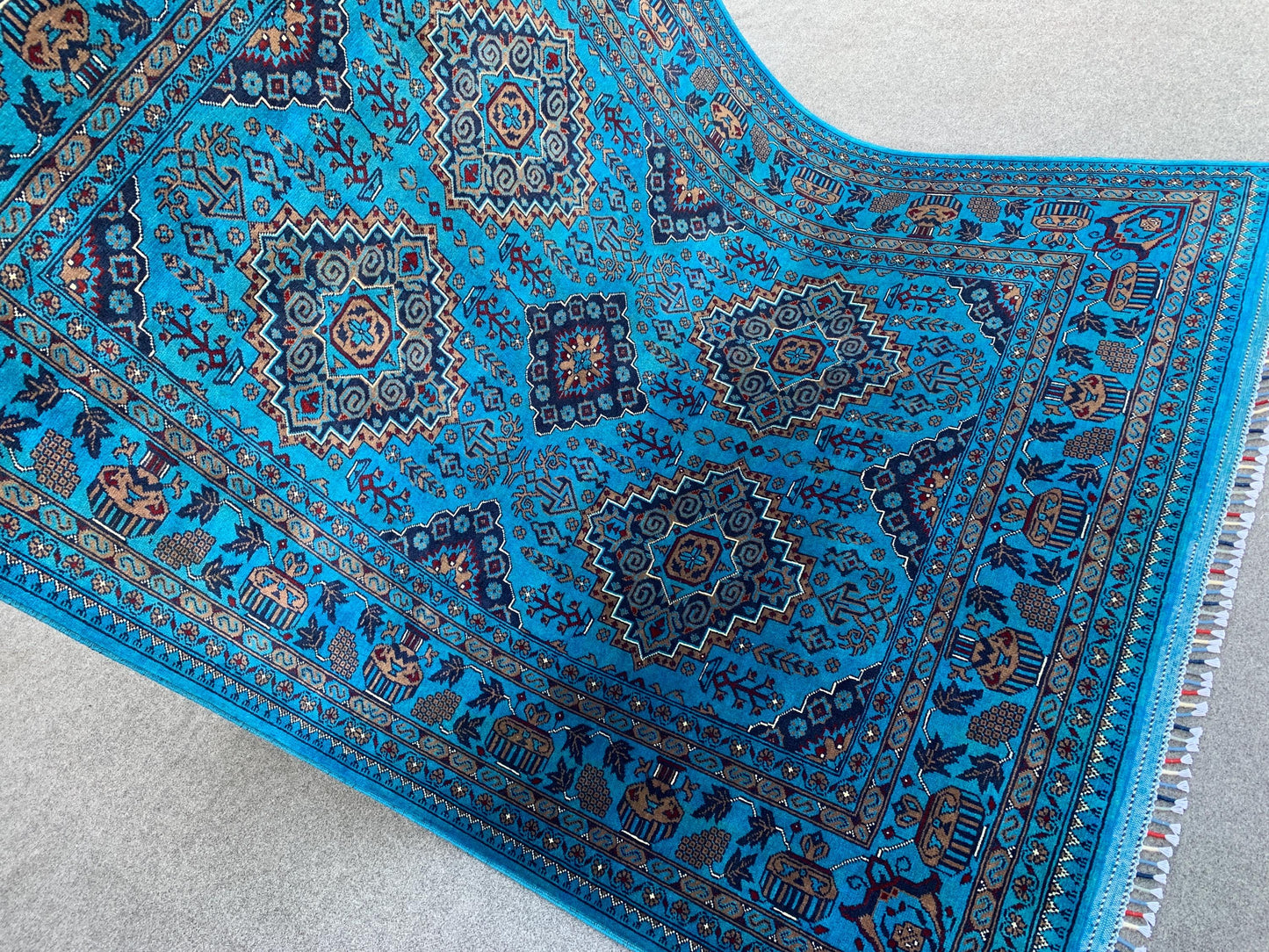 5x7 Ft Ocean Blue Afghan Rug, Natural Hand Knotted Rug, New Bukhara design Rug, Oriental Wool Rug, Fine Quality Rug, Bedroom Living Room Rug