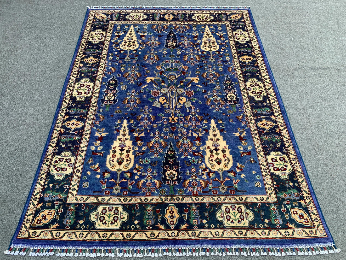 5x7 Ft Tree of life design Rug, Natural Hand Knotted Rug, Blue Afghan Rug, Good Pile Rug Oriental Wool Rug, Rugs for Bedroom Living Room Rug