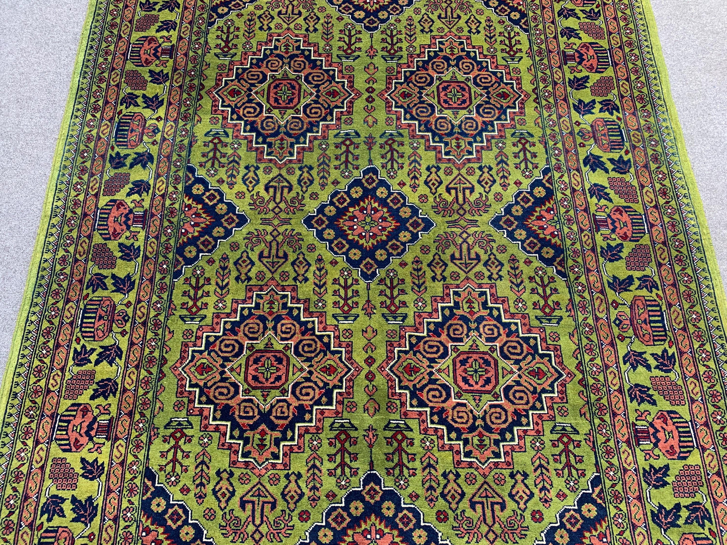 5x7 Ft Amazing Green Rug, Afghan Hand Knotted Wool Rug, New Bukhara design Rug, Oriental Rug, Fine Quality Rug, Bedroom Rug Living Room Rug.