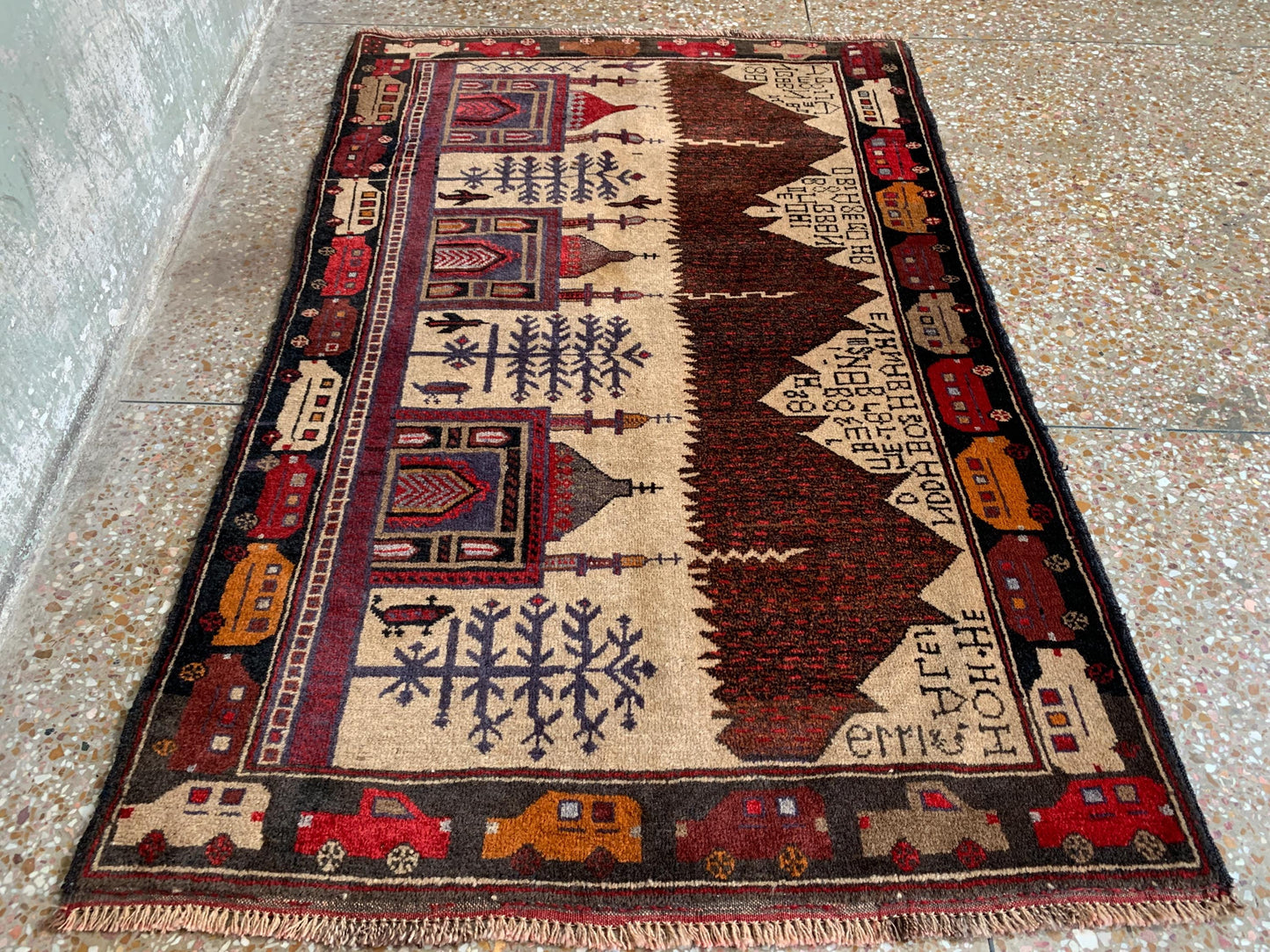 3x5 Ft Vintage Pictorial Baluchi Rug, Afghan Hand Knotted Rug, Oriental Wool Rug, Home Decor Rug, Best for Kids Room Rug, Bedroom Office Rug