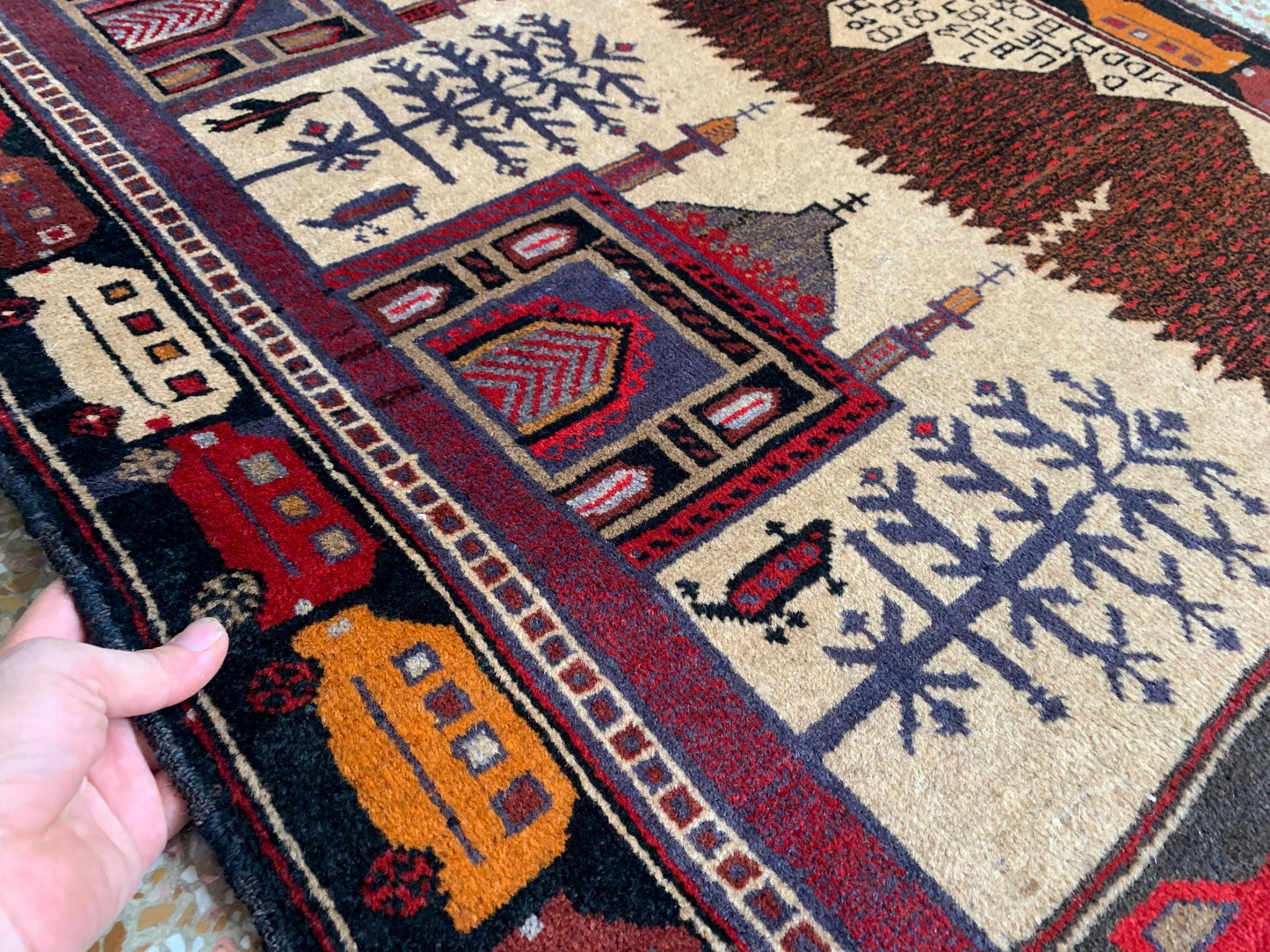 3x5 Ft Vintage Pictorial Baluchi Rug, Afghan Hand Knotted Rug, Oriental Wool Rug, Home Decor Rug, Best for Kids Room Rug, Bedroom Office Rug