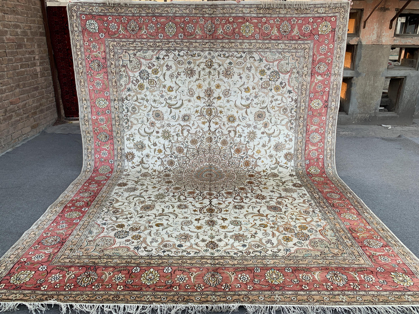 Amazing Large Afghan Silk Rug 9x12 Ft Salmon Ivory pink Hand knotted silk on cotton oriental floral Carpet, Traditional Rug, Living Room Rug