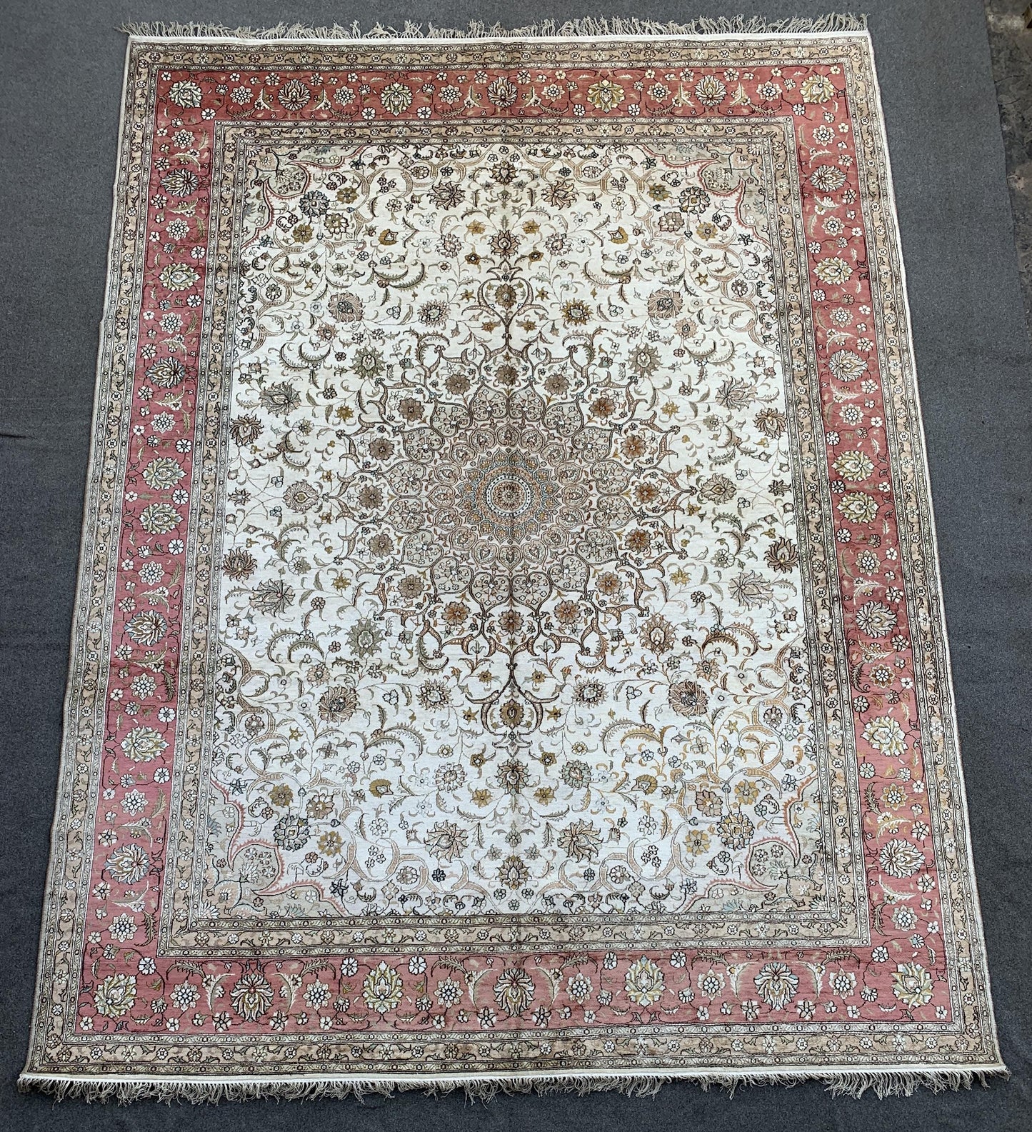 Amazing Large Afghan Silk Rug 9x12 Ft Salmon Ivory pink Hand knotted silk on cotton oriental floral Carpet, Traditional Rug, Living Room Rug