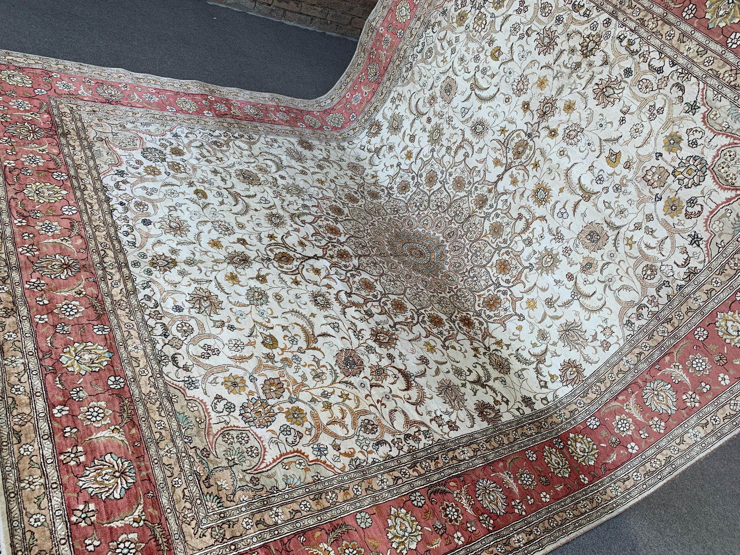 Amazing Large Afghan Silk Rug 9x12 Ft Salmon Ivory pink Hand knotted silk on cotton oriental floral Carpet, Traditional Rug, Living Room Rug