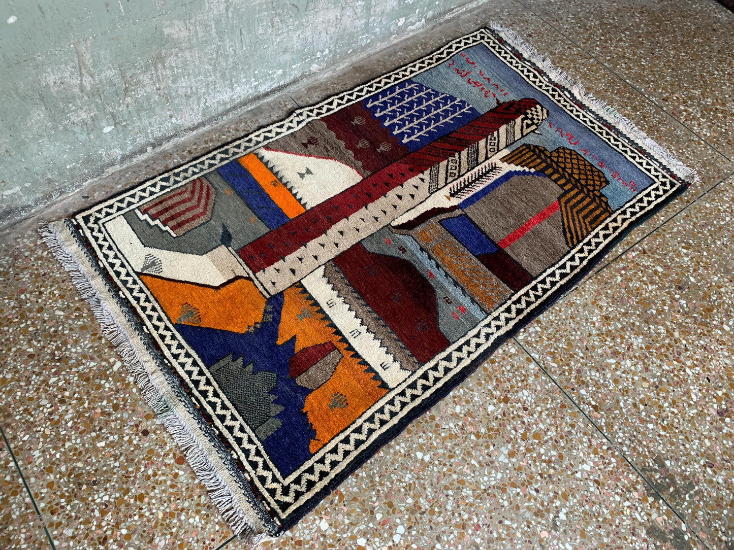One of a kind Antique Pictorial Rug, Afghan Handmade Wool Rug, Minar Heart Area Rug, Vintage Oriental Rug, Best for Kids Room Rug 3x4 Ft