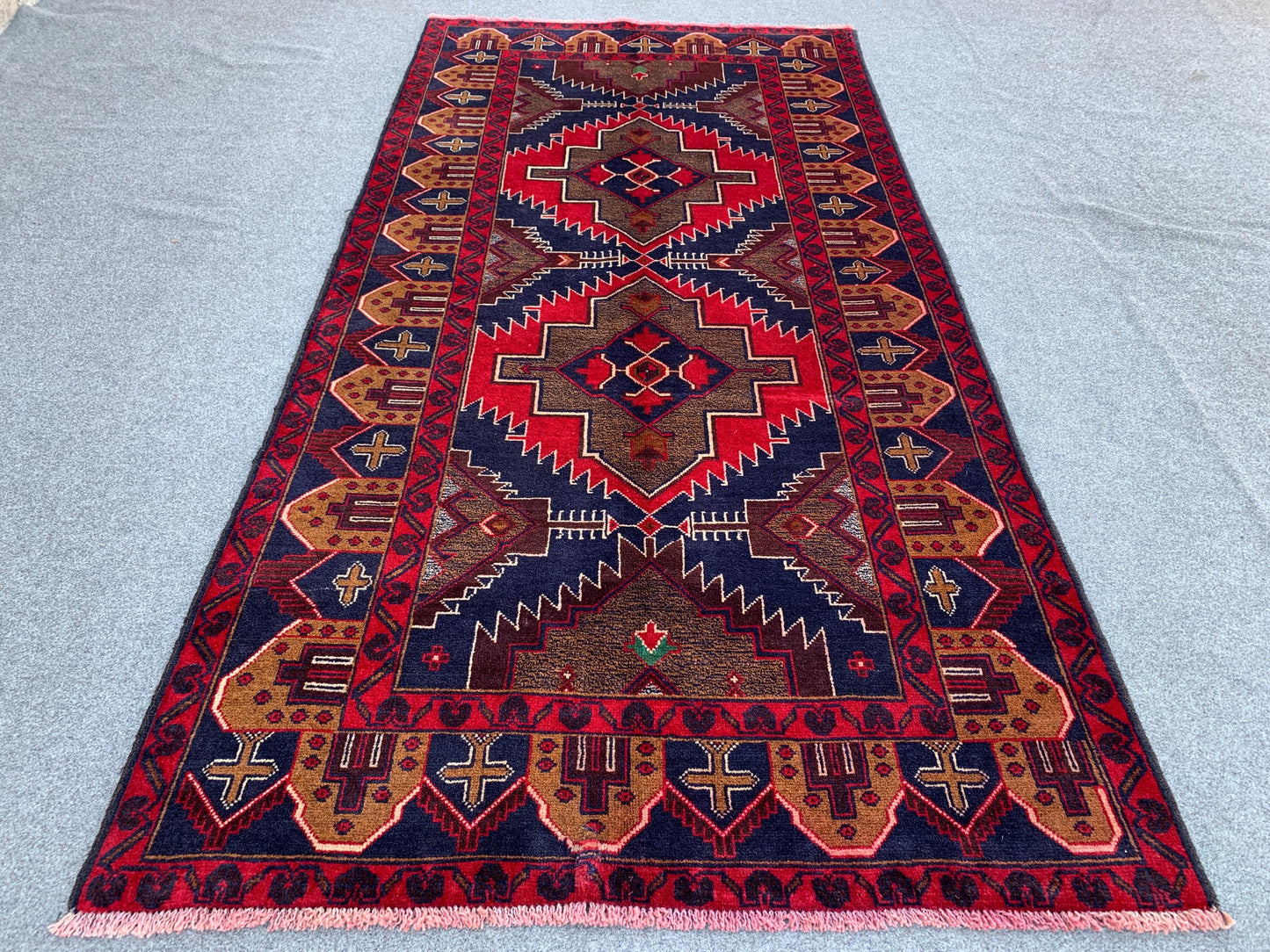 3x7 Ft Vintage Afghan Rug, Natural Hand Knotted Wool Rug, Navy Blue Red Rug, Geometric Area Rug, Oriental Rug, Rugs for Bedroom Hallway Rug.