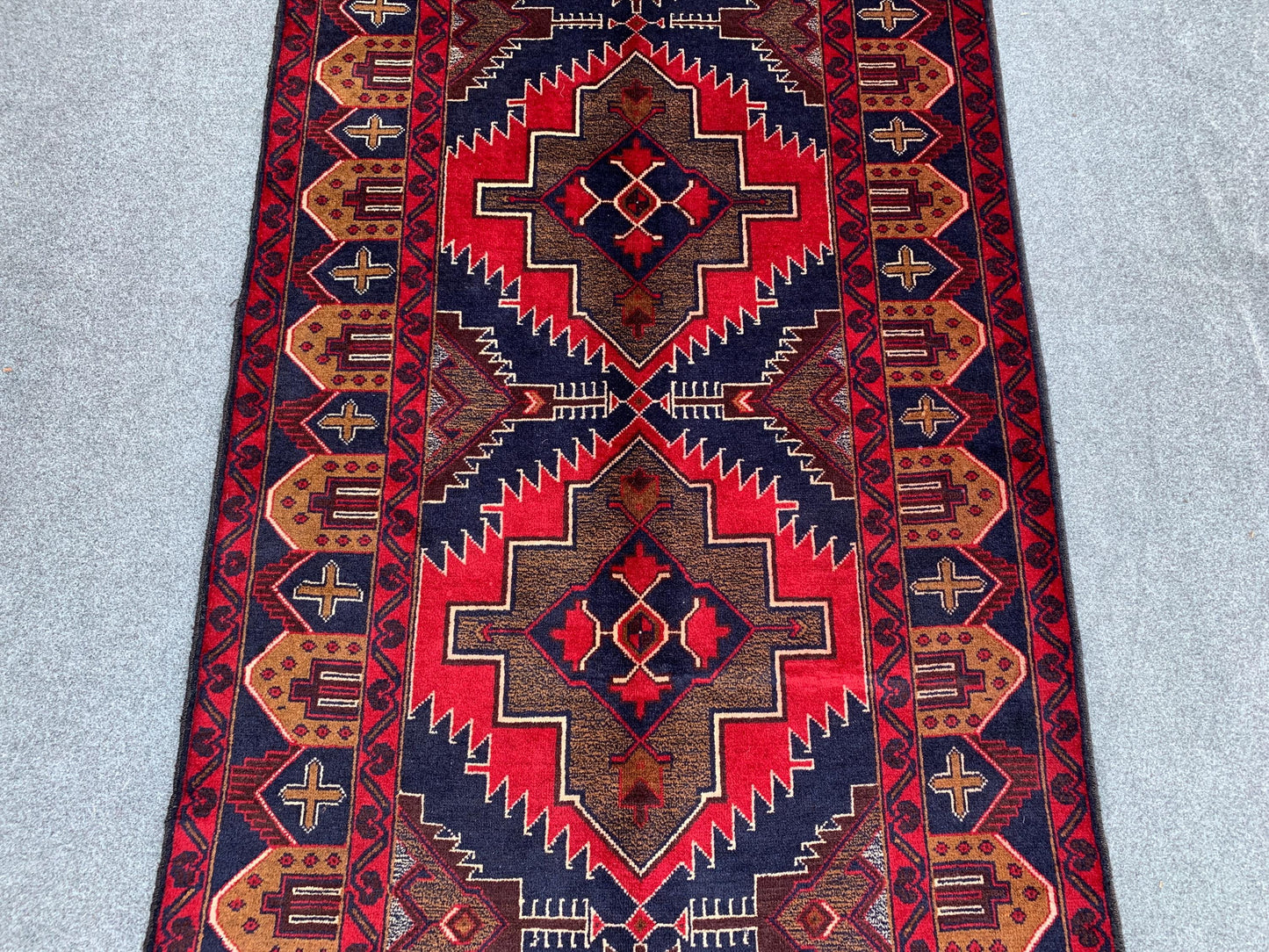3x7 Ft Vintage Afghan Rug, Natural Hand Knotted Wool Rug, Navy Blue Red Rug, Geometric Area Rug, Oriental Rug, Rugs for Bedroom Hallway Rug.