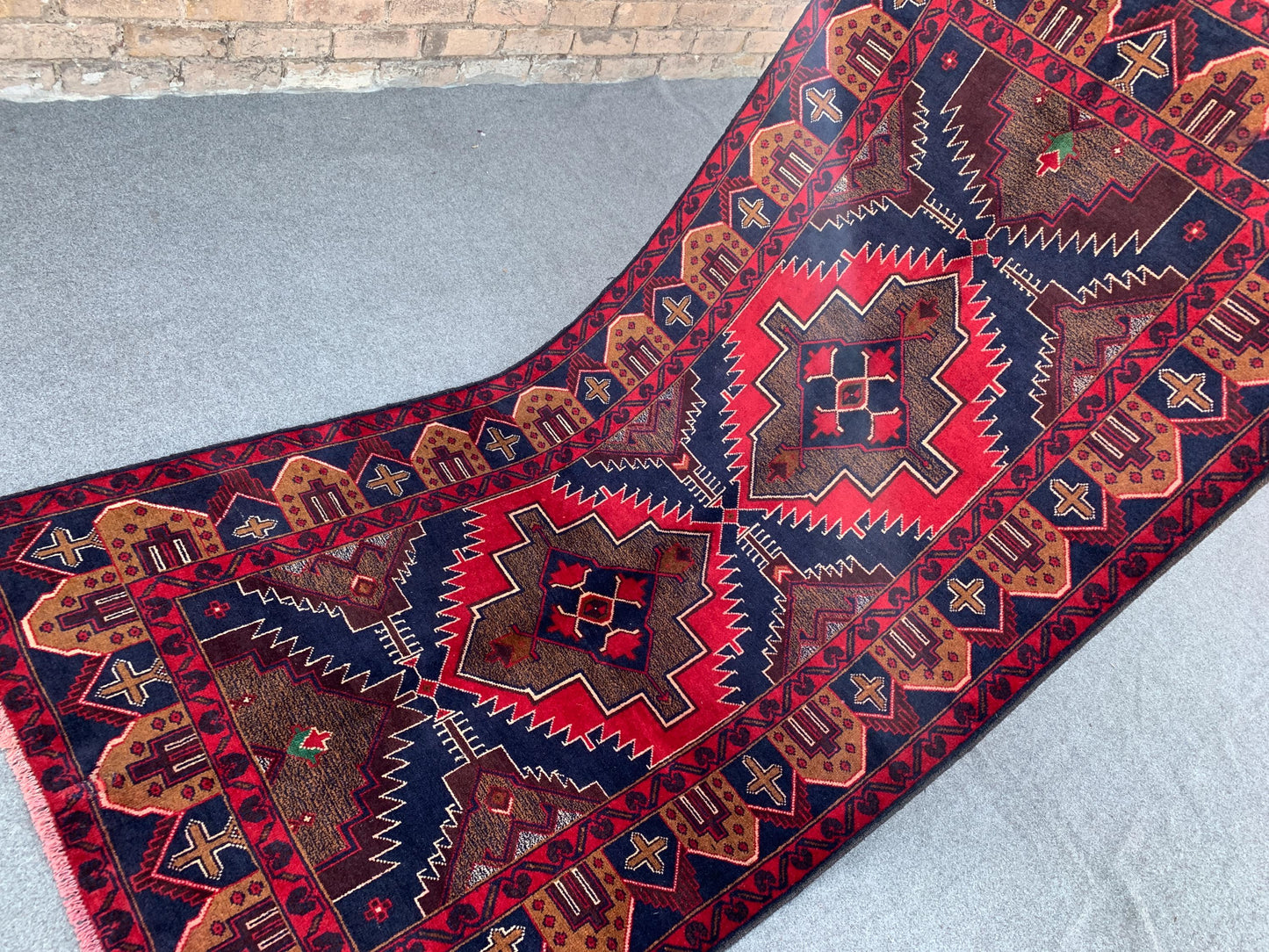 3x7 Ft Vintage Afghan Rug, Natural Hand Knotted Wool Rug, Navy Blue Red Rug, Geometric Area Rug, Oriental Rug, Rugs for Bedroom Hallway Rug.