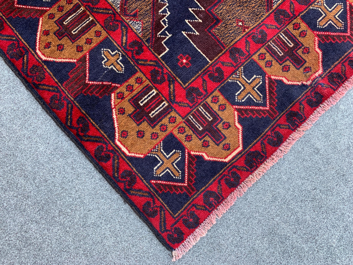 3x7 Ft Vintage Afghan Rug, Natural Hand Knotted Wool Rug, Navy Blue Red Rug, Geometric Area Rug, Oriental Rug, Rugs for Bedroom Hallway Rug.