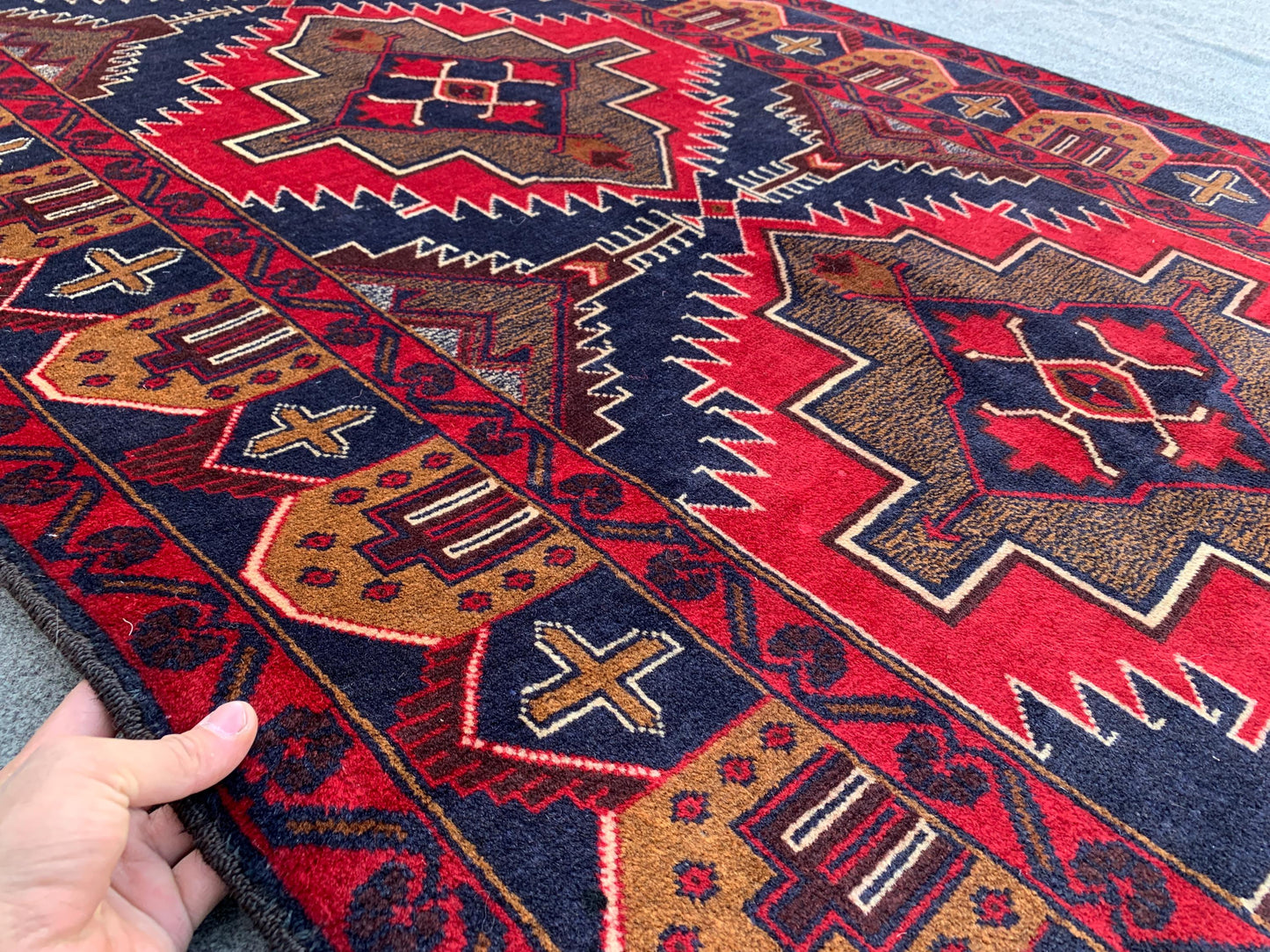 3x7 Ft Vintage Afghan Rug, Natural Hand Knotted Wool Rug, Navy Blue Red Rug, Geometric Area Rug, Oriental Rug, Rugs for Bedroom Hallway Rug.