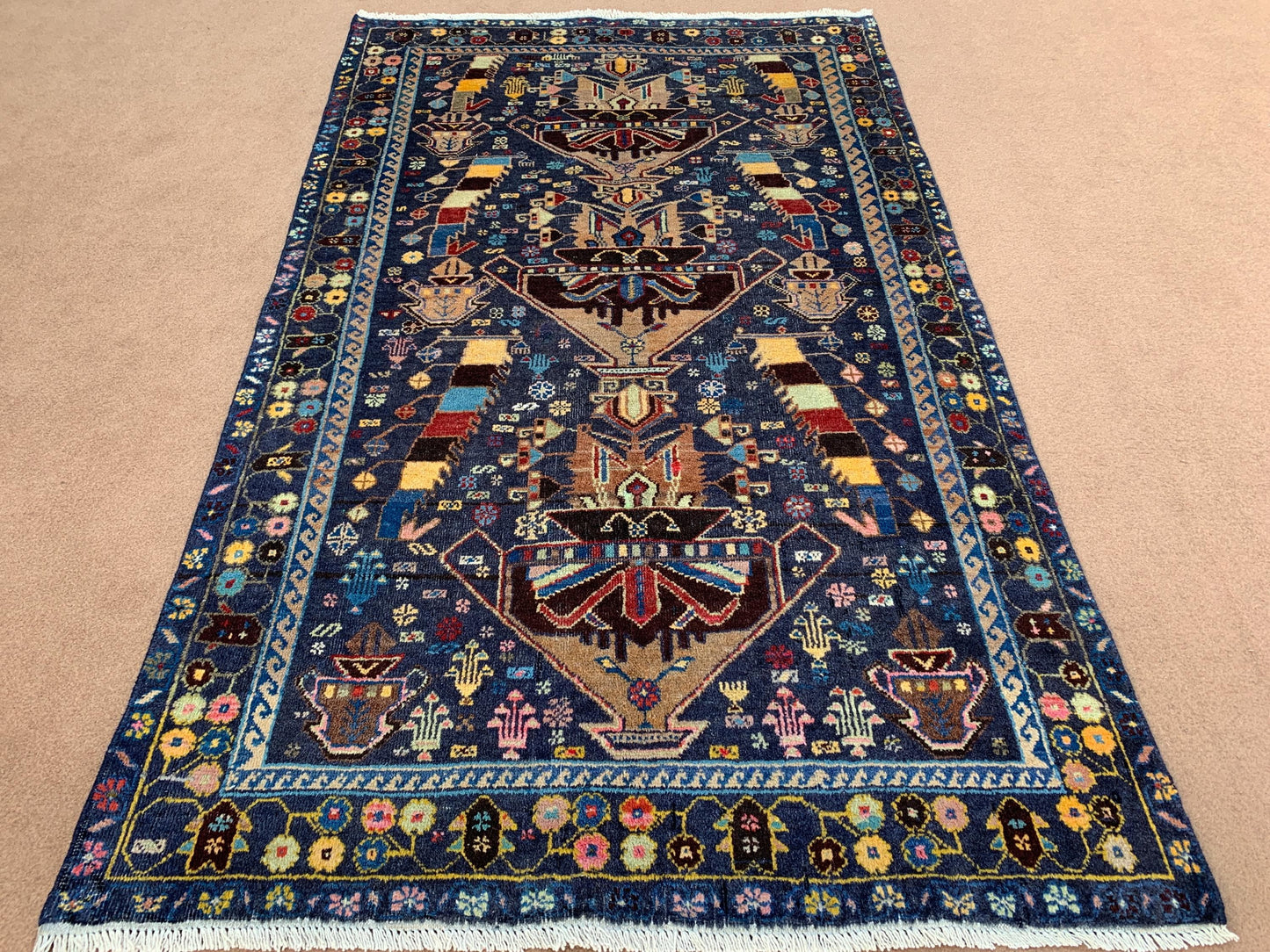 3x6 Ft Antique Afghan Rug, Hand Knotted floral Wool Rug, Low Pile Rug, Oriental Baluchi Rug, One of a kind Vintage Rug, Bedroom Hallway Rug.