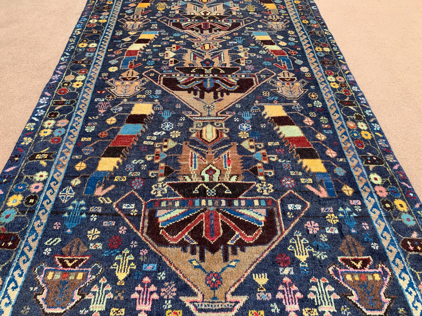 3x6 Ft Antique Afghan Rug, Hand Knotted floral Wool Rug, Low Pile Rug, Oriental Baluchi Rug, One of a kind Vintage Rug, Bedroom Hallway Rug.