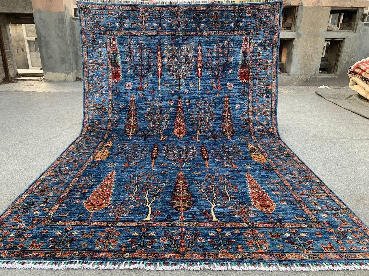Afghan Tree of Life Wool Rug: 5.11 x 8.11 ft, Hand-Knotted Oriental Design