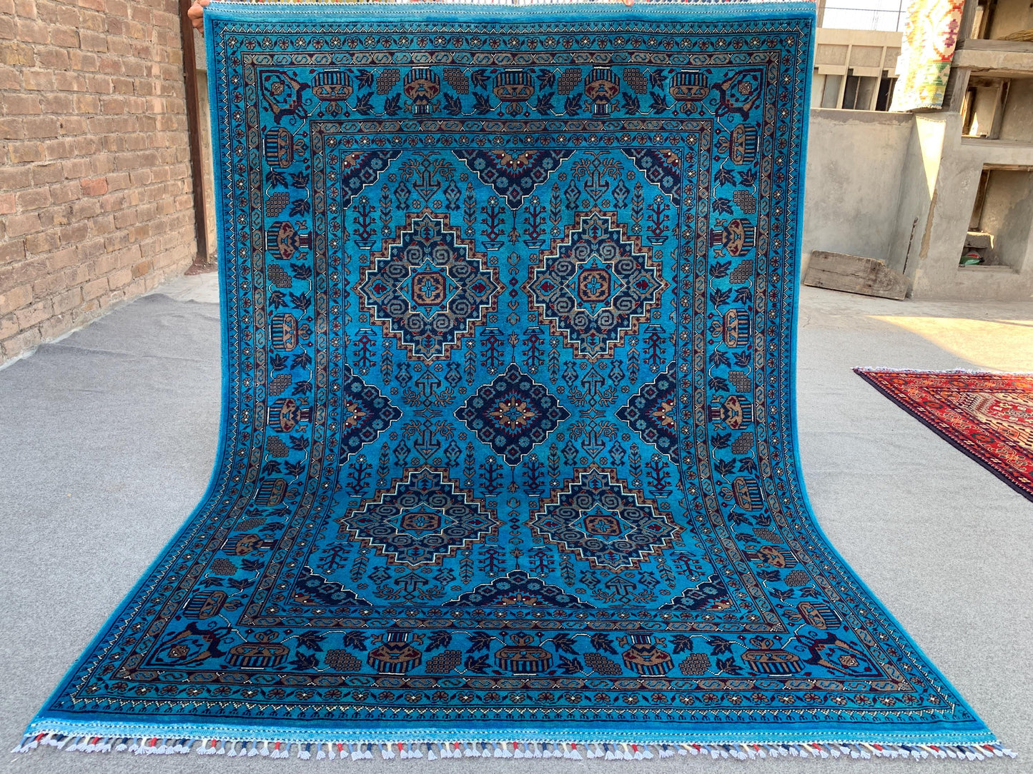 5x7 Ft Ocean Blue Afghan Rug, Natural Hand Knotted Rug, New Bukhara design Rug, Oriental Wool Rug, Fine Quality Rug, Bedroom Living Room Rug