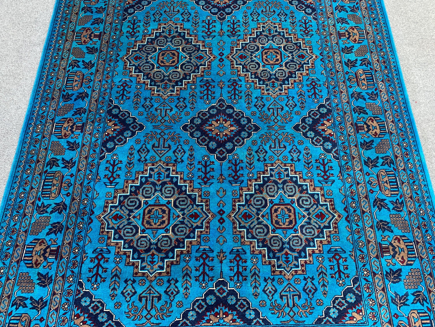 5x7 Ft Ocean Blue Afghan Rug, Natural Hand Knotted Rug, New Bukhara design Rug, Oriental Wool Rug, Fine Quality Rug, Bedroom Living Room Rug