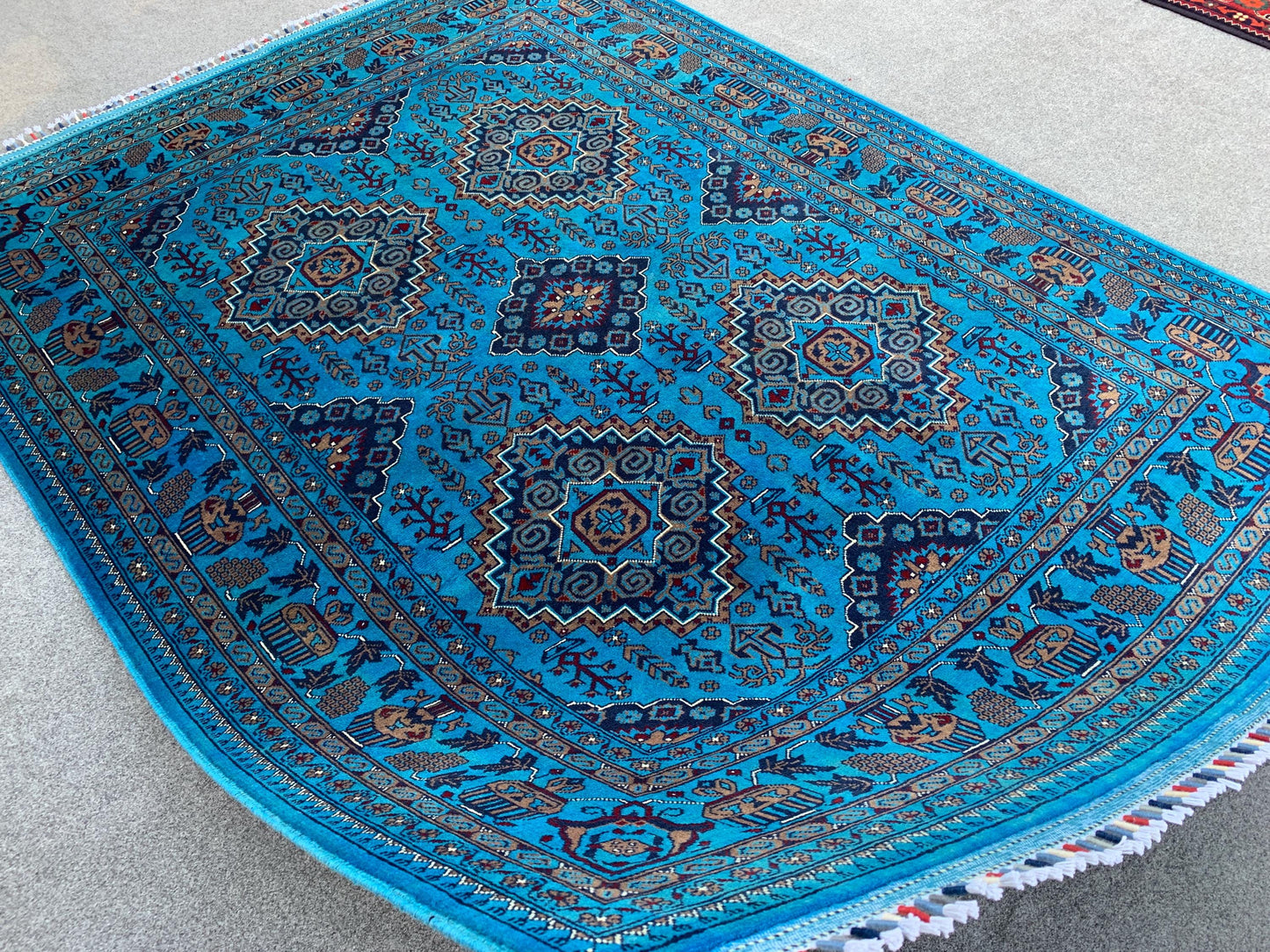 5x7 Ft Ocean Blue Afghan Rug, Natural Hand Knotted Rug, New Bukhara design Rug, Oriental Wool Rug, Fine Quality Rug, Bedroom Living Room Rug
