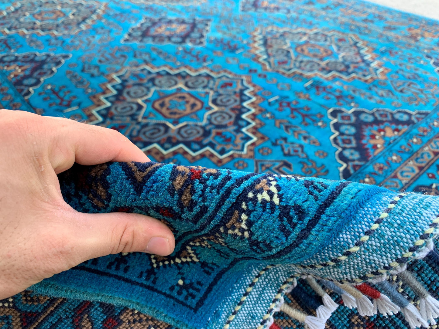 5x7 Ft Ocean Blue Afghan Rug, Natural Hand Knotted Rug, New Bukhara design Rug, Oriental Wool Rug, Fine Quality Rug, Bedroom Living Room Rug