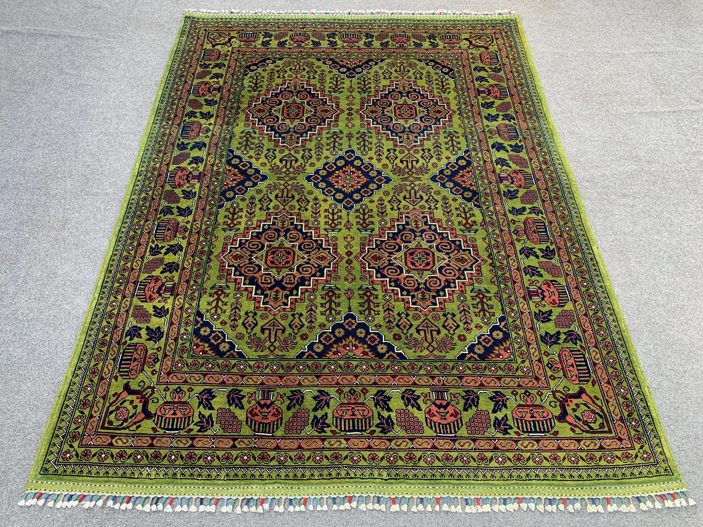 5x7 Ft Amazing Green Rug, Afghan Hand Knotted Wool Rug, New Bukhara design Rug, Oriental Rug, Fine Quality Rug, Bedroom Rug Living Room Rug.