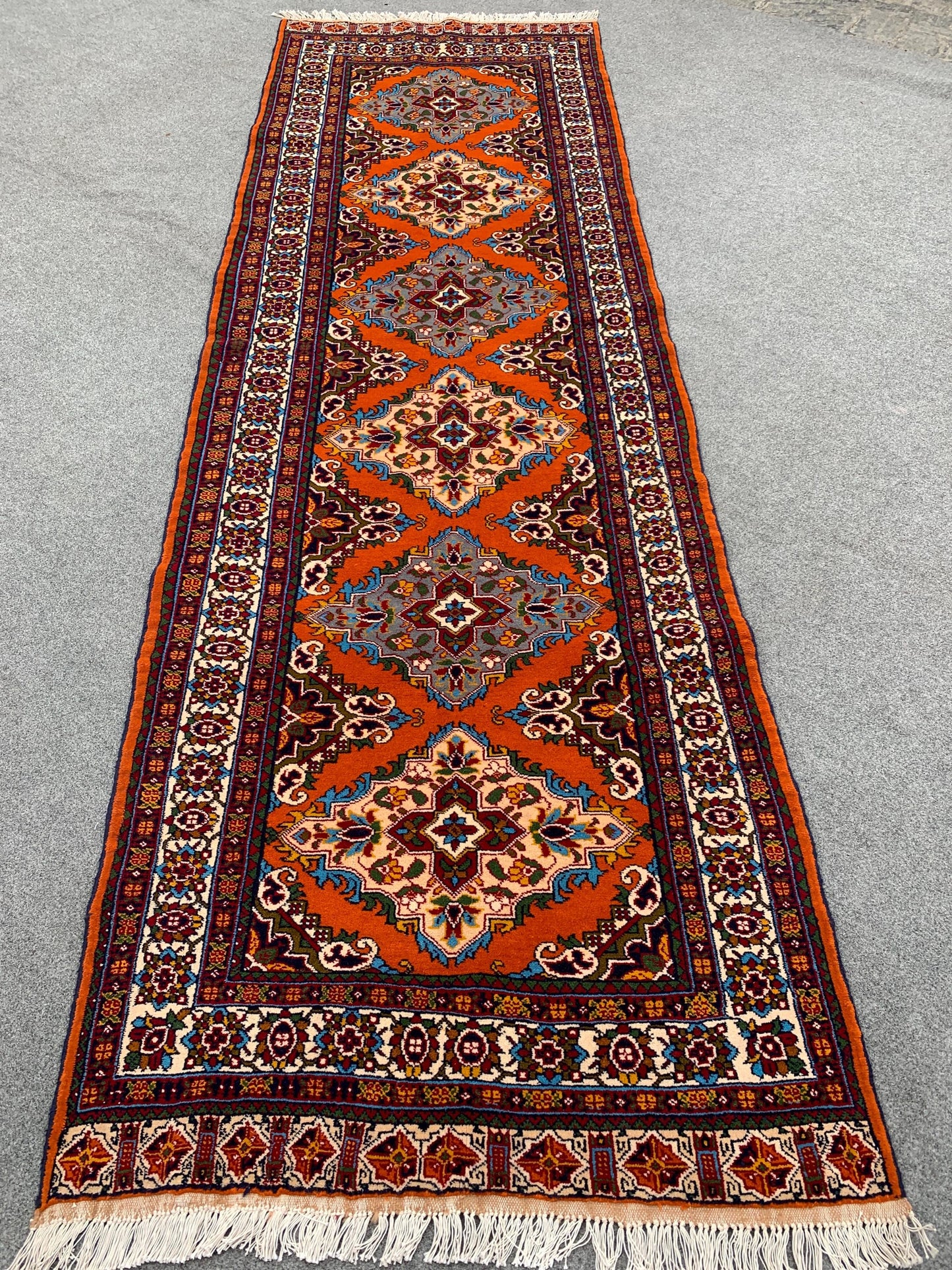 Amazing Orange Runner Rug 3x9 Ft Afghan Hand Knotted Runner Rug, Vintage Geometric Area Rug, Good Quality Rug, Hallway Runner Rug, 90x290 Cm
