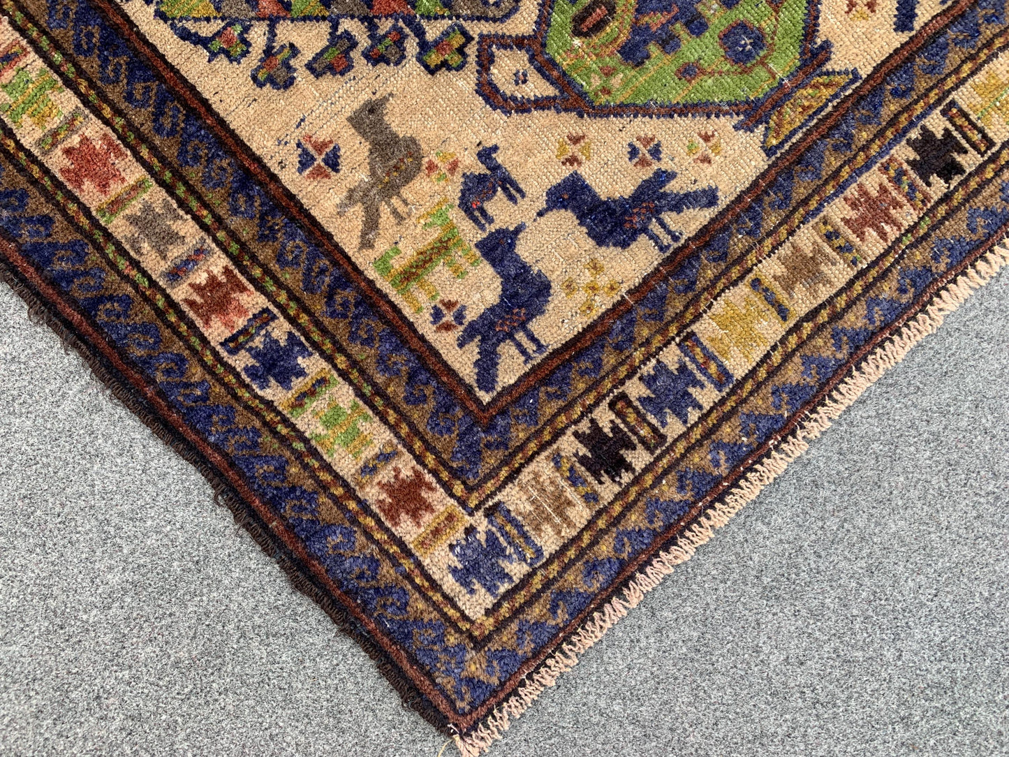 3x5 Ft Vintage Pictorial Rug, Afghan Handmade Rug, Low Pile Rug, Antique Baluchi Rug Oriental Wool Rug, Rugs for Bedroom Kitchen Hallway Rug