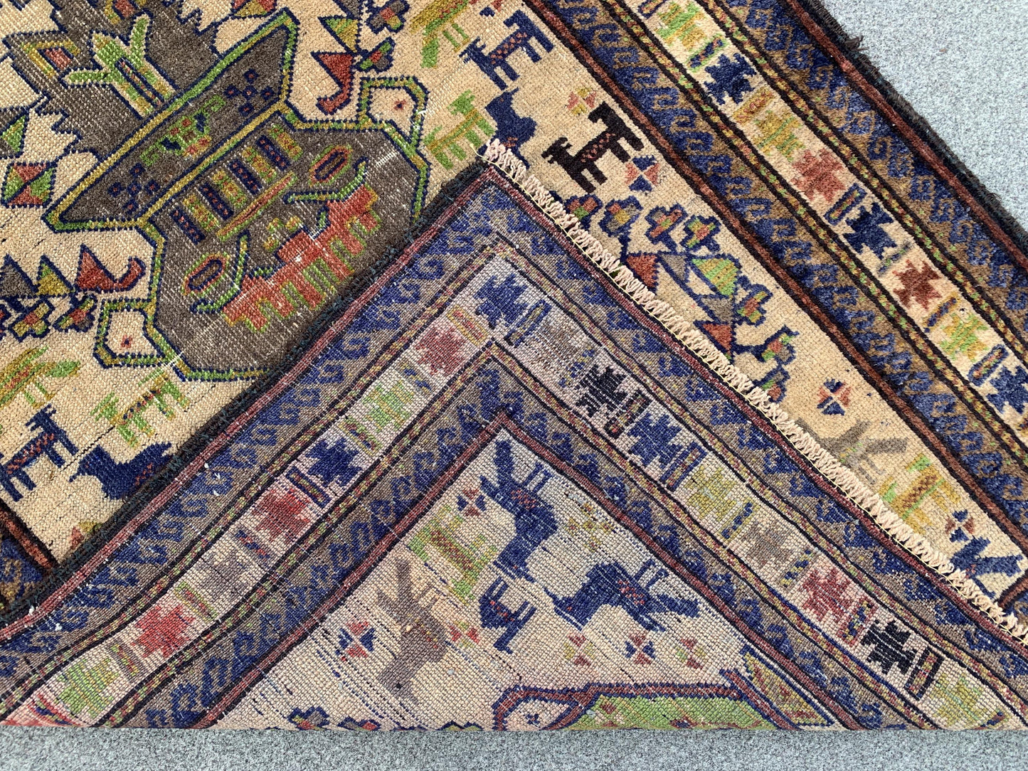 3x5 Ft Vintage Pictorial Rug, Afghan Handmade Rug, Low Pile Rug, Antique Baluchi Rug Oriental Wool Rug, Rugs for Bedroom Kitchen Hallway Rug