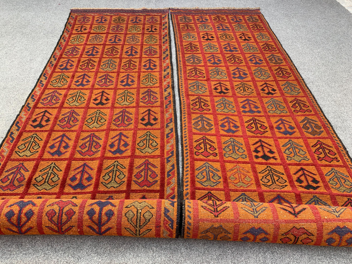 Set of 2 Piece Rug, 3x12 Ft Runner kilim Rug, Afghan Nokar Runner Rug, Handmade Wool Rug, Checkered design Rug, Bedroom Hallway Runner Rug.