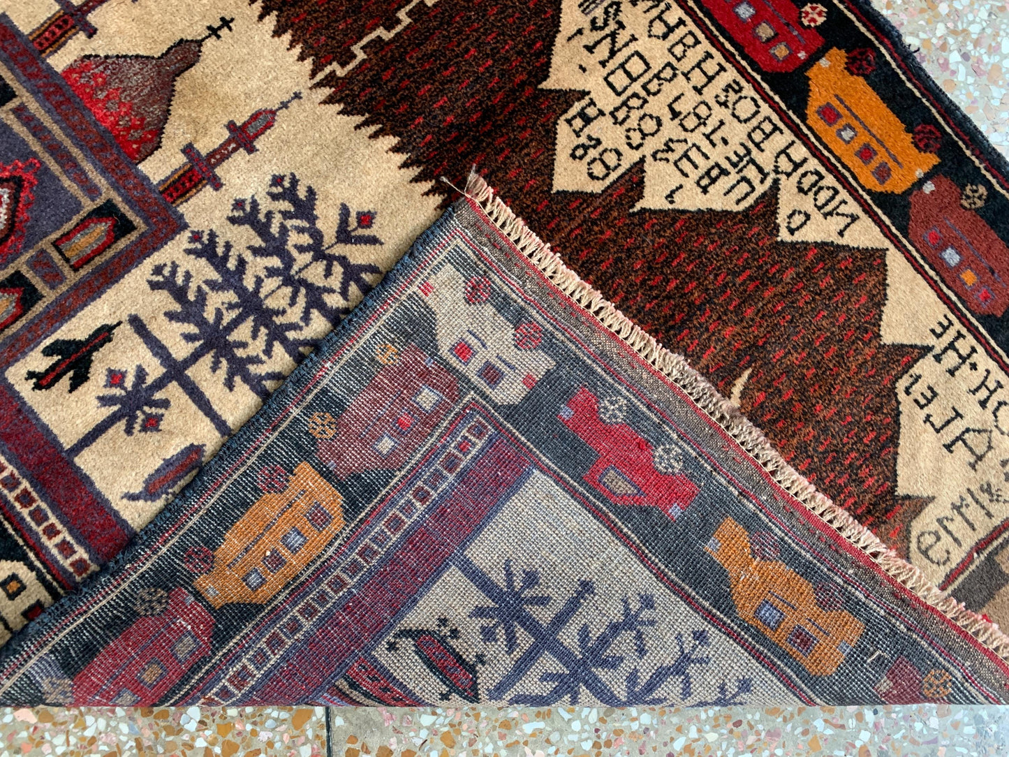 3x5 Ft Vintage Pictorial Baluchi Rug, Afghan Hand Knotted Rug, Oriental Wool Rug, Home Decor Rug, Best for Kids Room Rug, Bedroom Office Rug