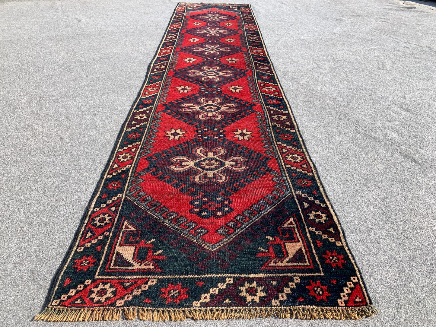 Vintage Runner Rug 2x9 Ft Afghan Hand Knotted Runner Rug, Low Pile Rug, Geometric Area Rug, Antique Oriental Runner Rug, Hallway Runner Rug.