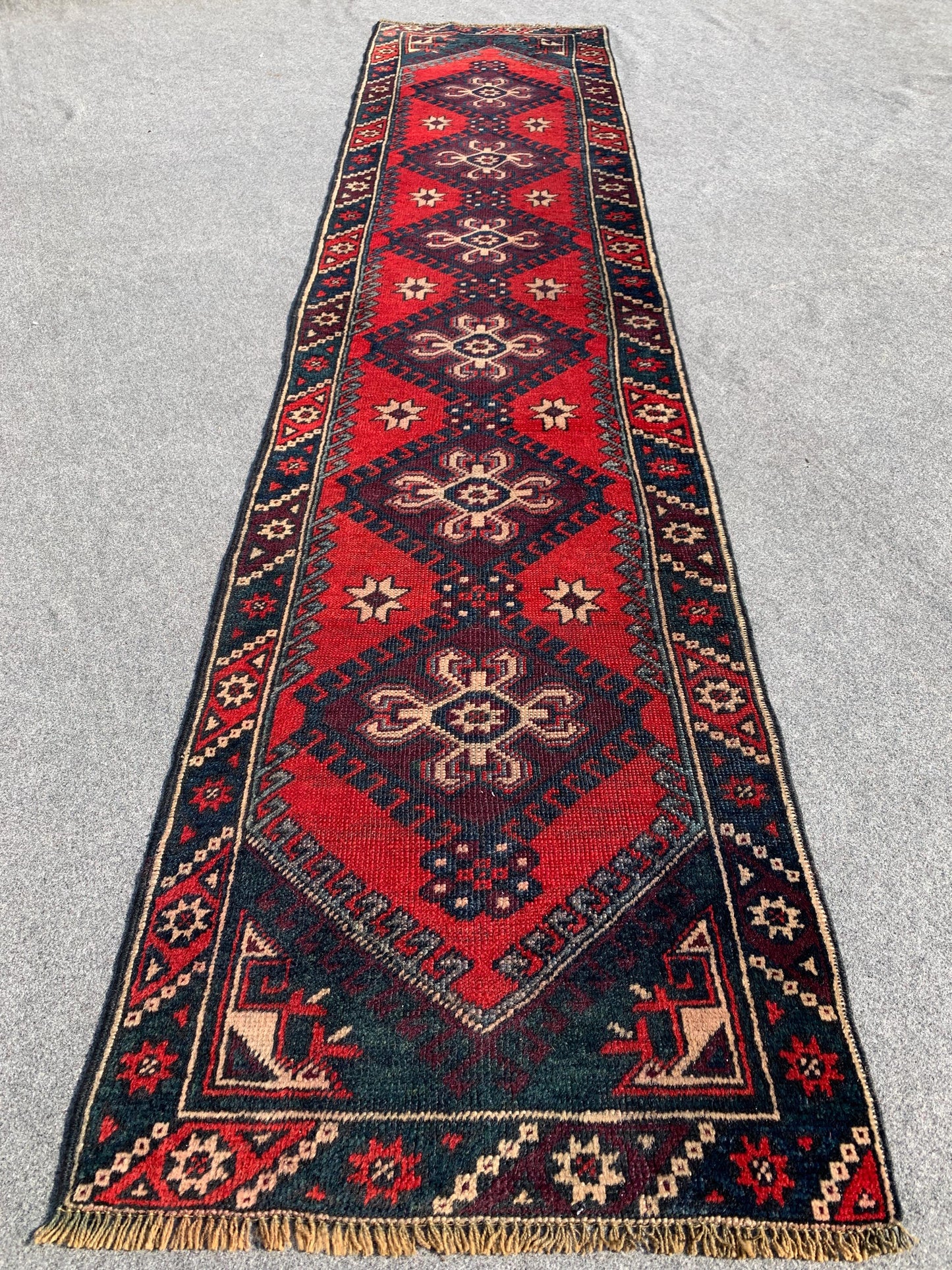 Vintage Runner Rug 2x9 Ft Afghan Hand Knotted Runner Rug, Low Pile Rug, Geometric Area Rug, Antique Oriental Runner Rug, Hallway Runner Rug.
