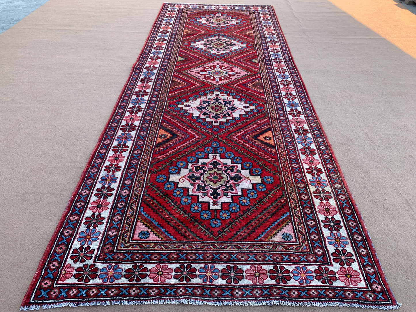 Amazing Afghan Runner Rug 4x10 Ft Hand Knotted Vintage Runner Rug, Geometric Oriental Rug, Turkmen Tribal Rug Hallway Runner Rug 110x310 Cm