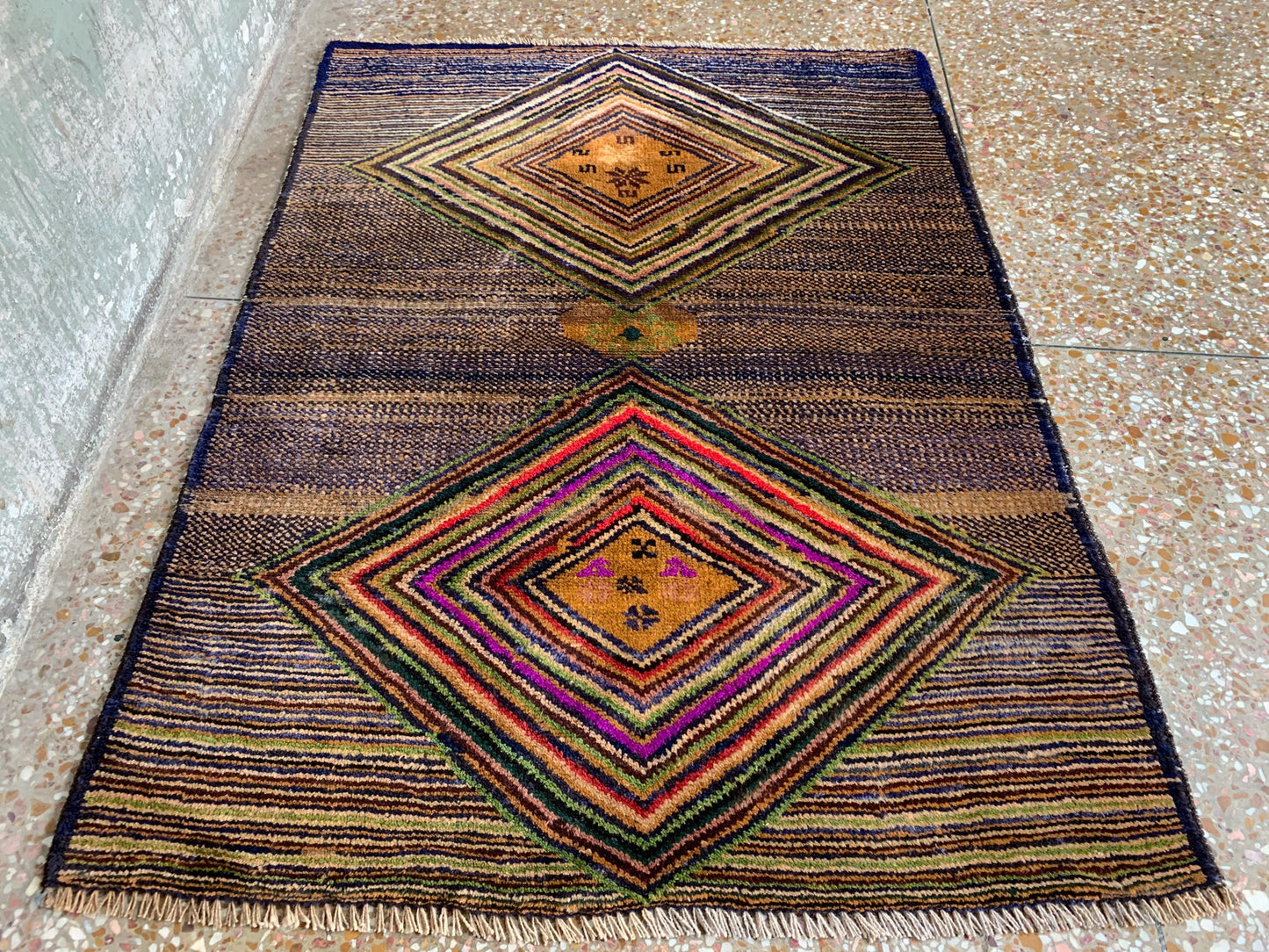 3x4 Ft Vintage Rug, Geometric design Rug, Afghan Handmade Rug, High Pile Rug Baluchi Oriental Rug, Best for Hallway Kitchen Bedroom Rug etc.